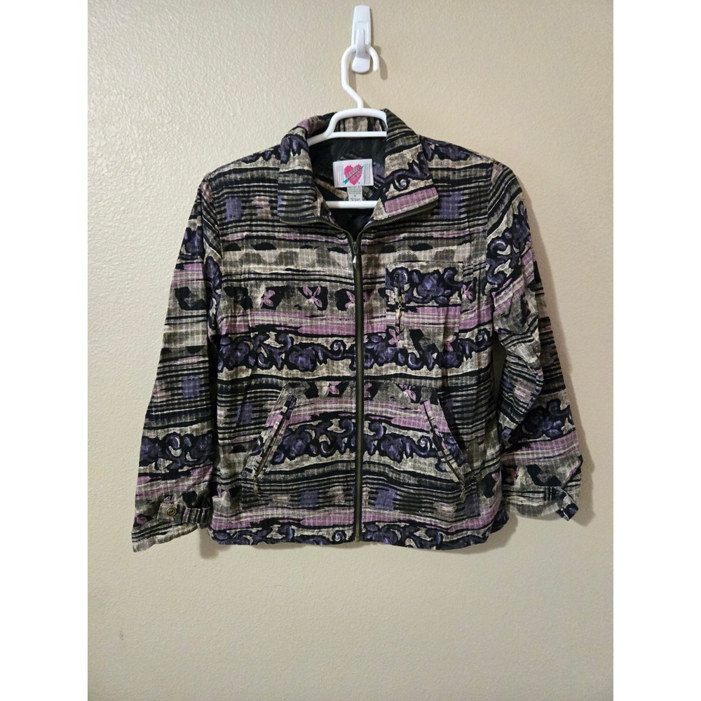Keren Hart Vintage 100% Silk Abstract Floral Zip Up Jacket Purple Grey Womens M